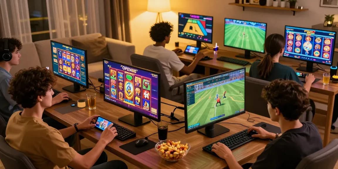 Players enjoying immersive gaming at home with OPEN88 in a lively, engaging atmosphere.