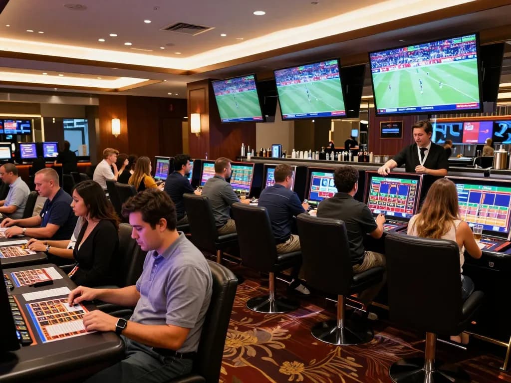 Pemain taruhan olahraga yang antusias menilai odds di situs resmi dalam lounge kasino yang berwarna-warni.