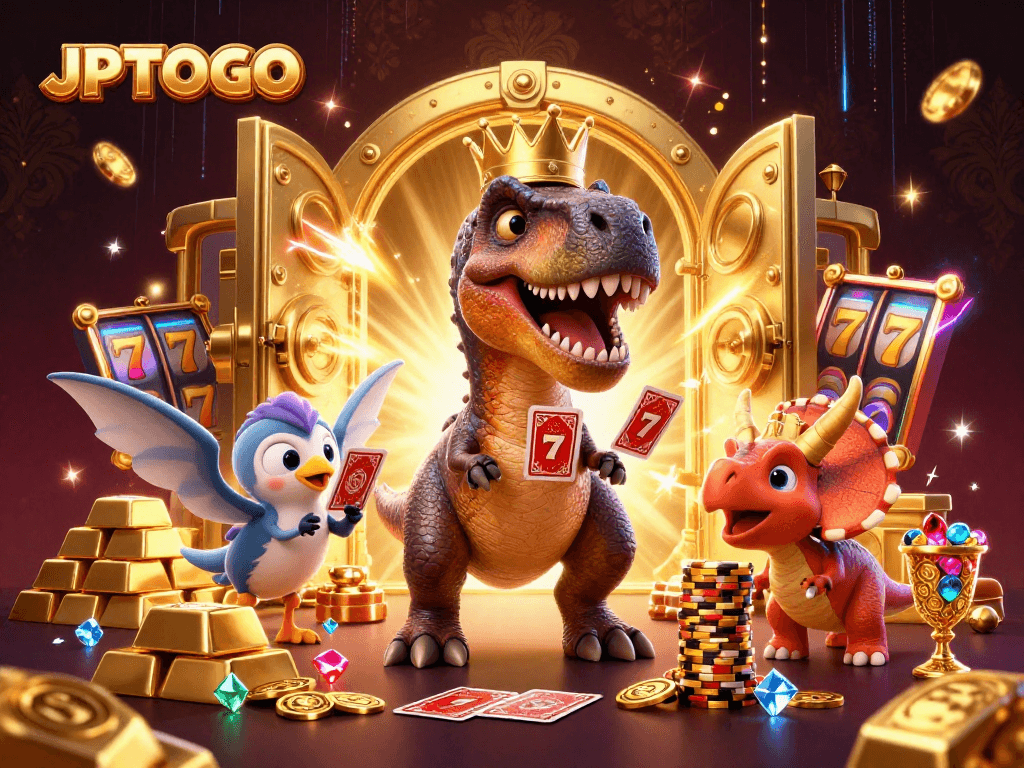Experience excitement with JPTOTO as T-Rex shuffles cards and Triceratops stacks chips.