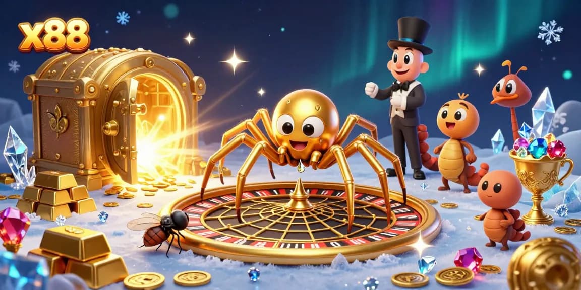 x88 spins a roulette-like web with golden treasures and a nervous fly betting at the edge.