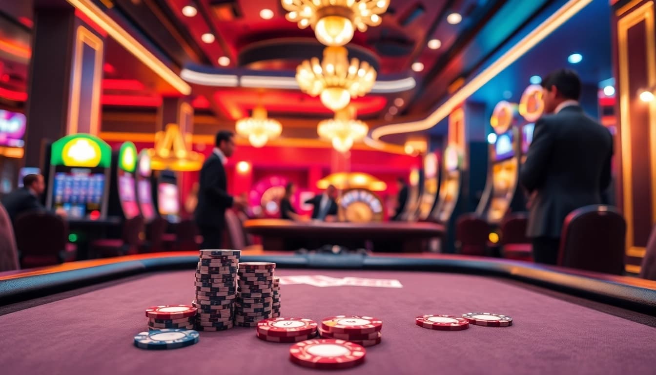 Spielen Casino-Spiele de an einem eleganten Poker-Tisch mit Chips und Karten in neonbeleuchtetem Ambiente.