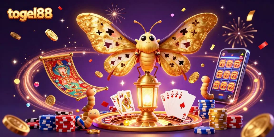 Engage with Togel88's vivid casino scenes highlighted by a golden atlas moth and casino elements.