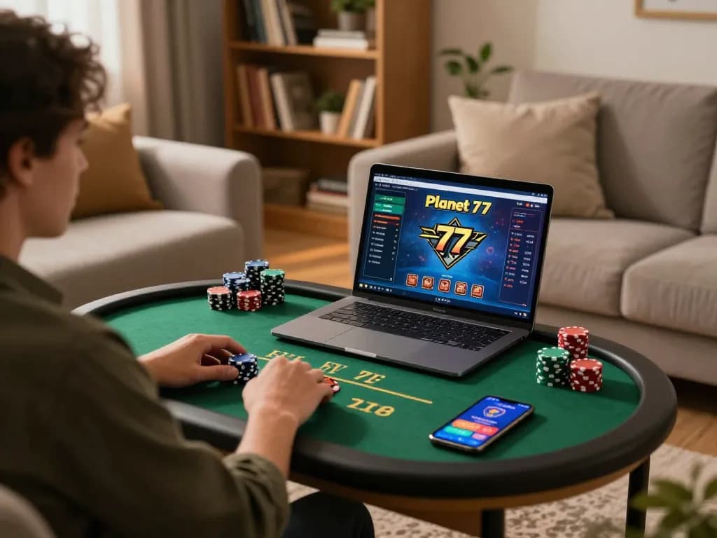 Terlibat dalam permainan kasino online Planet 77 dengan pengaturan rumah yang nyaman yang menampilkan laptop dan chip poker