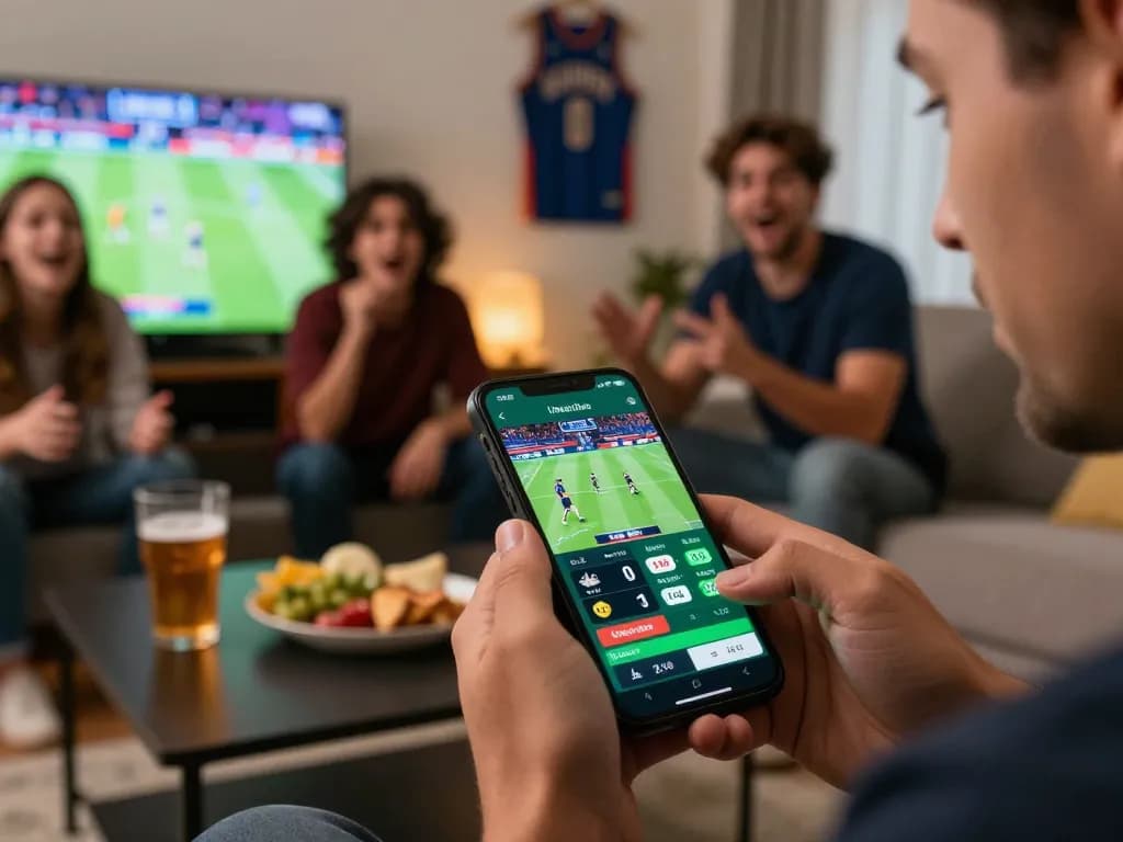 rr88c sports bettor placing live bets on a smartphone during an exciting game.