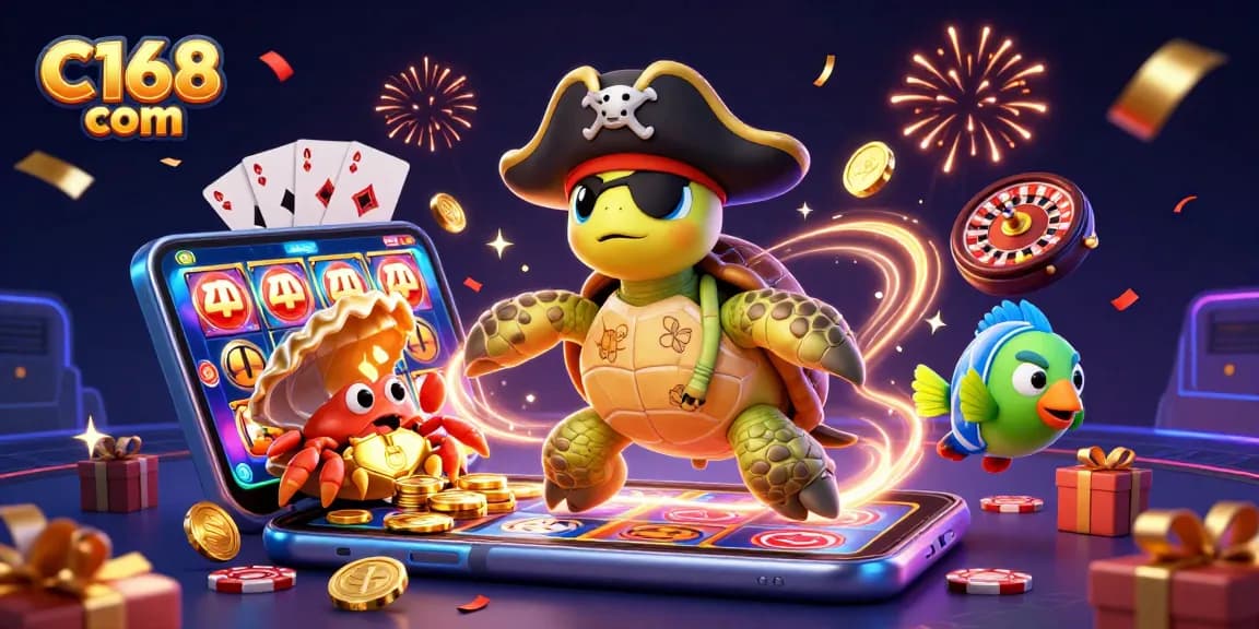 Engage with C168 com’s vibrant casino world, featuring a playful pirate turtle and golden treasures