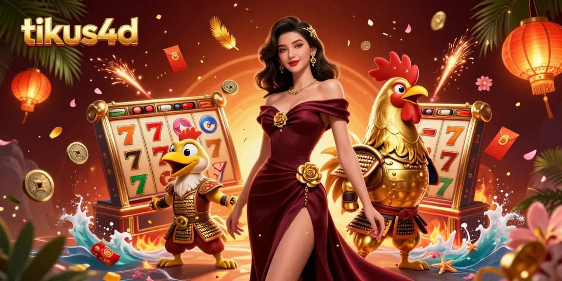 Engage with tikus4d's vibrant gaming scene featuring a glamorous woman and a golden rooster warrior.