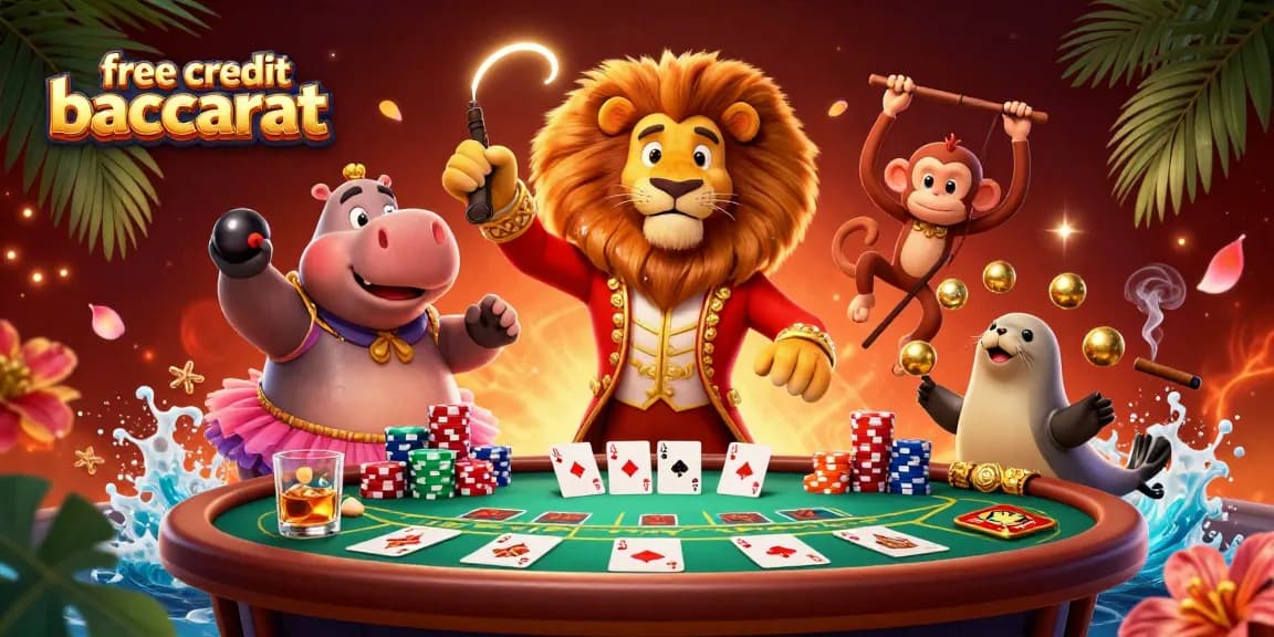 Engage with free credit baccarat featuring lively characters at a dynamic casino scene.