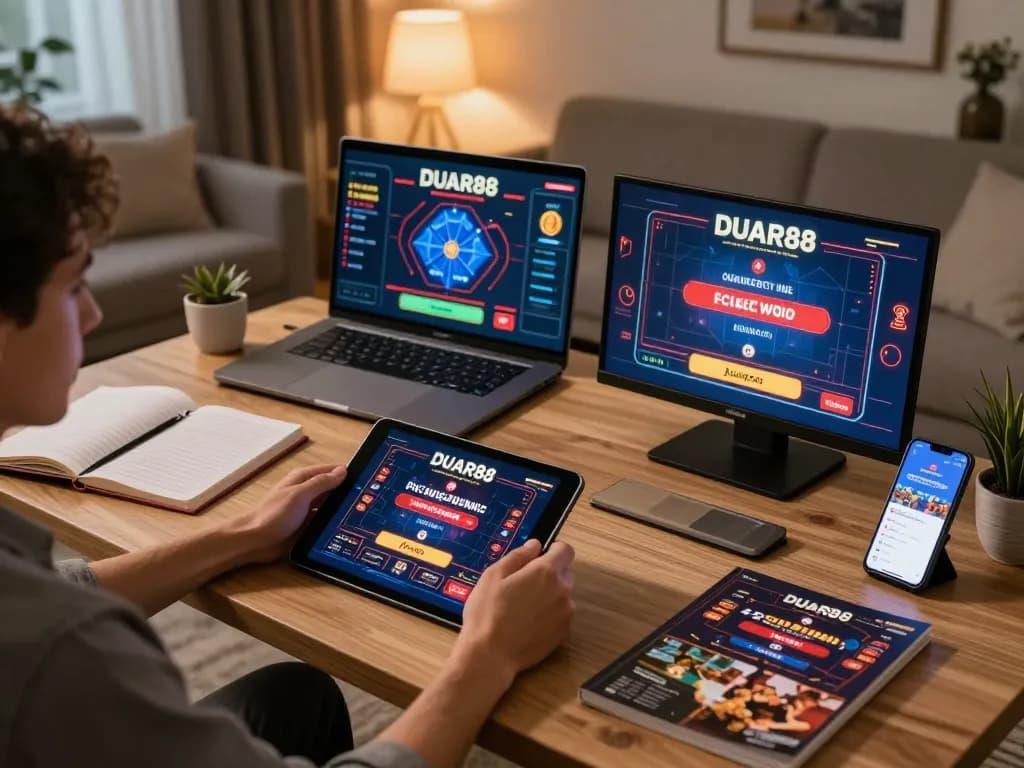 Pemain terlibat dalam permainan online, memeriksa antarmuka kasino DUAR88 dengan wawasan strategis