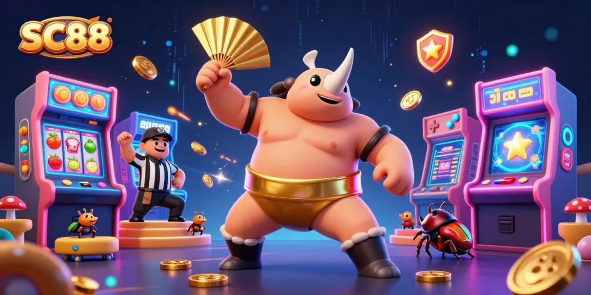 Watch SC88's rhinoceros beetle stomp for golden coins amidst vibrant casino themes.