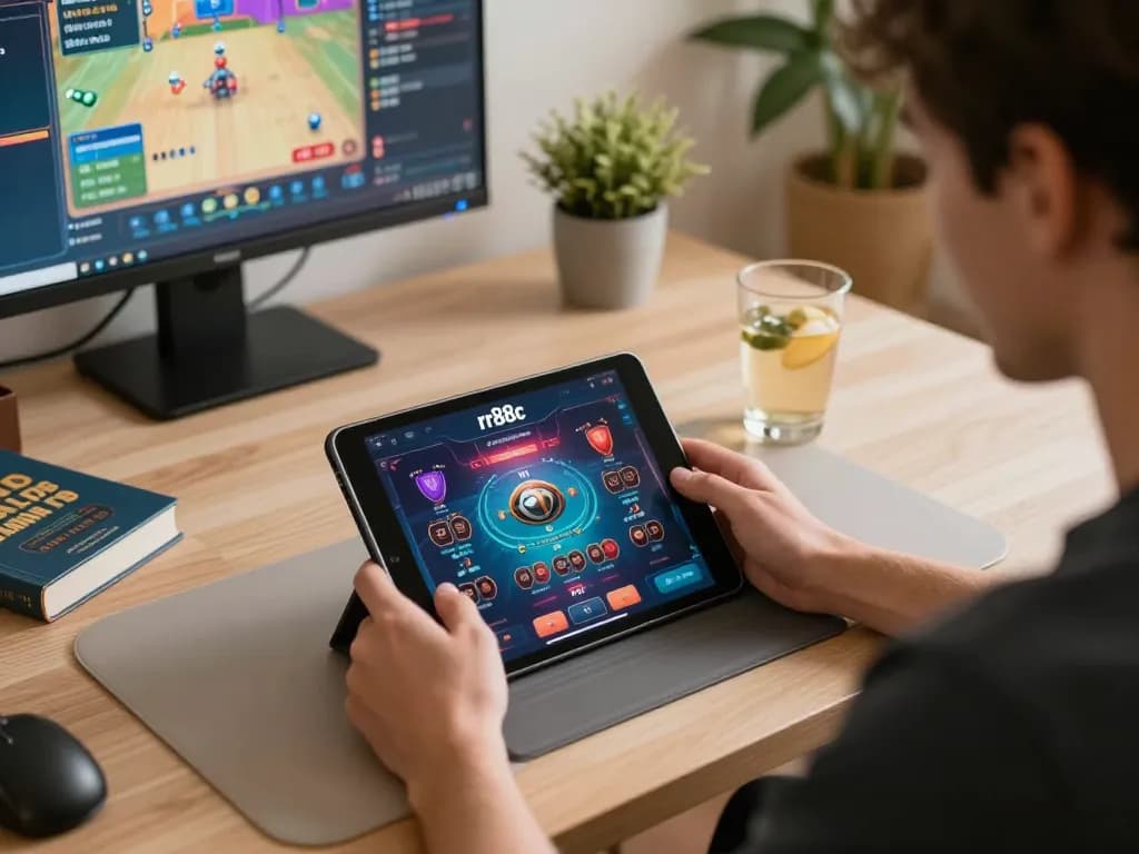 Player engaging with rr88c app on tablet for responsible online gambling experience