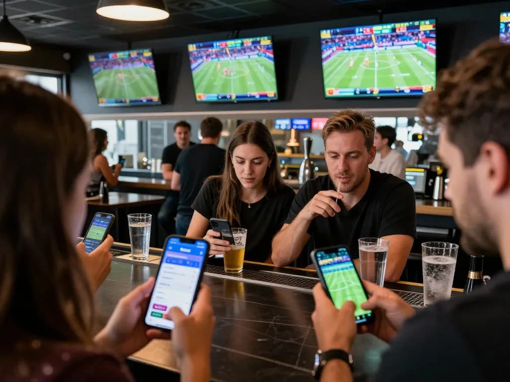 Engaged bettors using the Bsport app to place wagers on real-time sports events while socializing