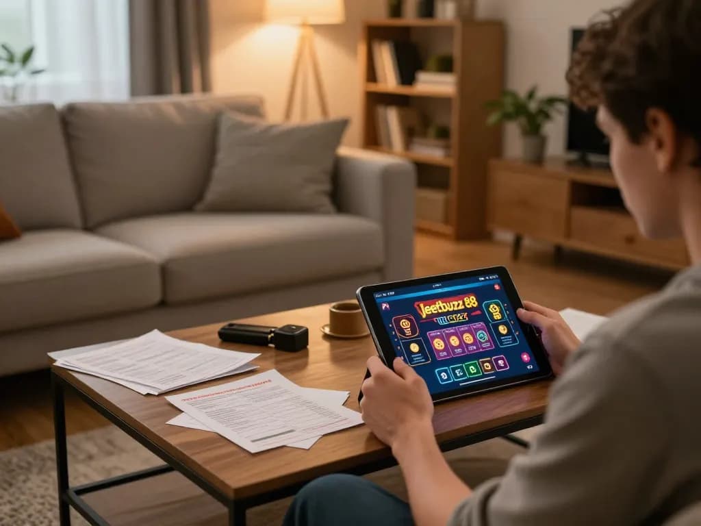 Player strategizing in cozy home setup with Jeetbuzz 88 online casino interface visible on tablet