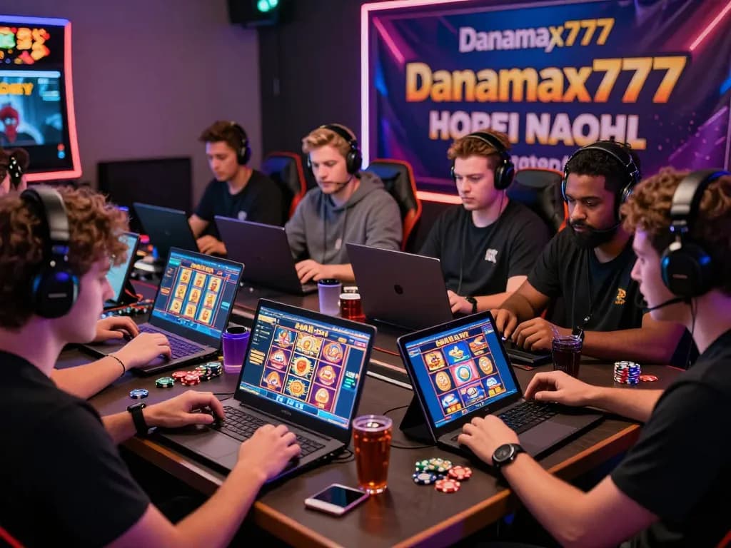 Scene permainan online yang menarik dengan pemain yang terlibat dalam daftar Danamax777, layar berwarna-warni dan spanduk promosi terlihat, menyoroti ketegangan permainan.