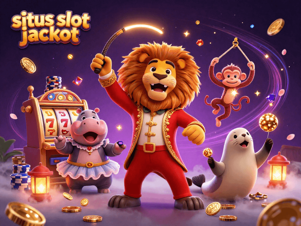 Experience the excitement of situs slot jackpot with vibrant circus characters amidst cascading coins and slot machine reels.
