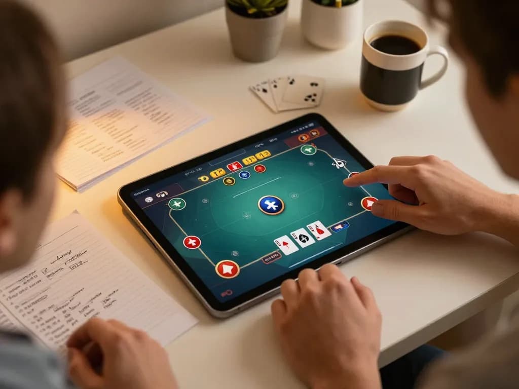 Engaged player using 99Win app for online poker, showcasing strategic gameplay and comfortable home setup.