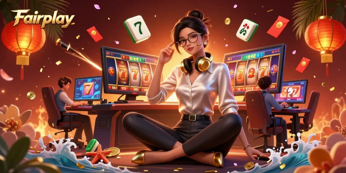 Experience Fairplay with an elegant gamer at a vibrant online casino setup.