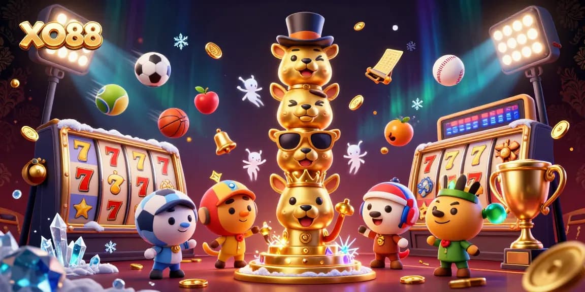 Spin the reels of XO88's vibrant casino scene, featuring dynamic slot symbols and thrilling gaming elements.
