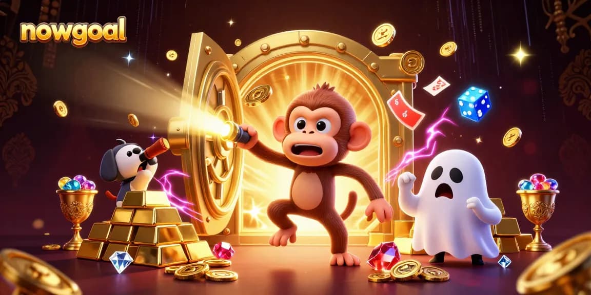 Engaging nowgoal scene with a playful poltergeist monkey juggling casino treasures while a curious puppy tracks its mischievous moves.