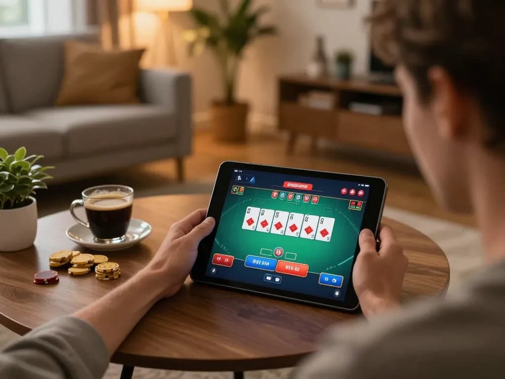 Engaging poker game on AU88 with a player using a tablet in a cozy home setting