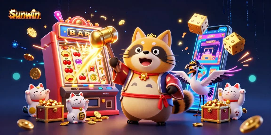 Experience the excitement of Sunwin with a cheerful tanuki and colorful gambling elements in a dynamic casino scene.