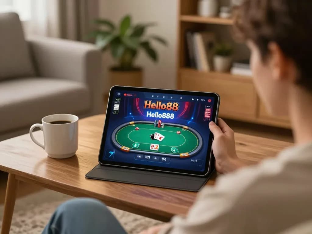Hello88 online gaming experience with lively poker action on tablet in a cozy home setting.