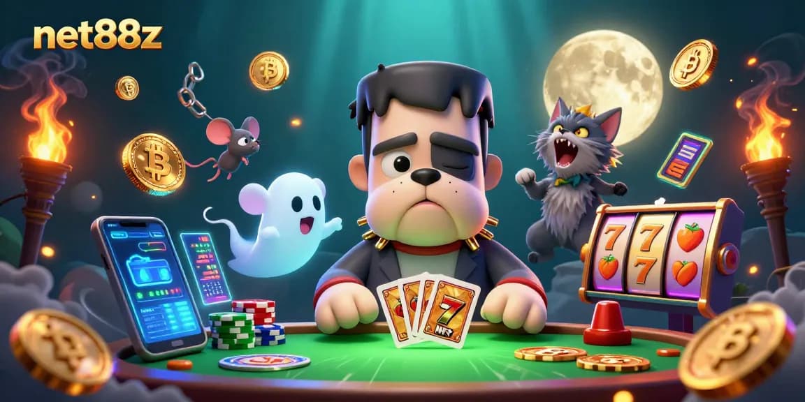 Engage with net88z as the Frankenstein bulldog monster deals cards amidst glowing crypto coins and slot reels.