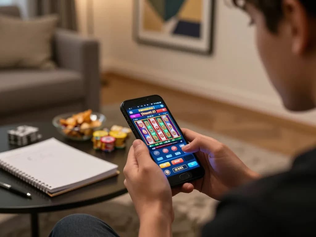 Engaging smartphone gameplay on Dinamit4D casino app, showcasing a vibrant online gaming atmosphere.