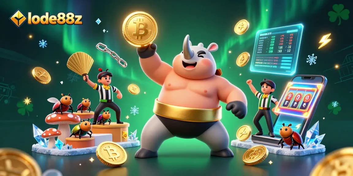 lode88z showcases a dynamic casino scene with a beetle sumo champion amidst crypto elements and slot symbols.