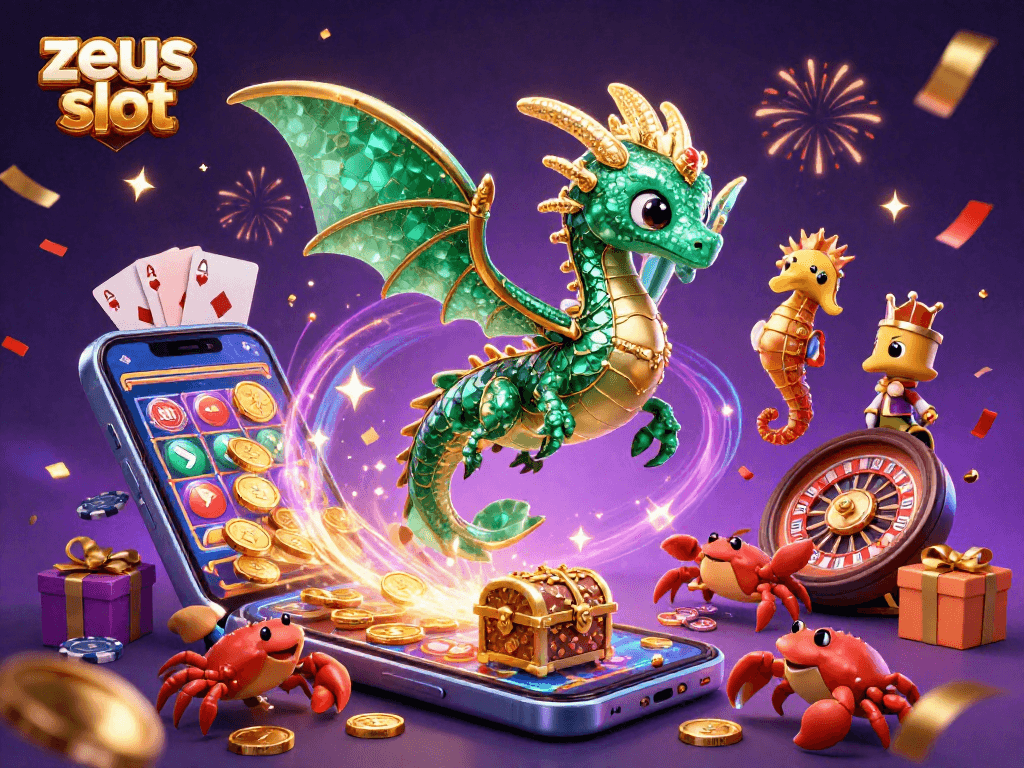 Engage with zeus slot through vibrant 3D illustration showcasing vibrant casino elements and lively characters.