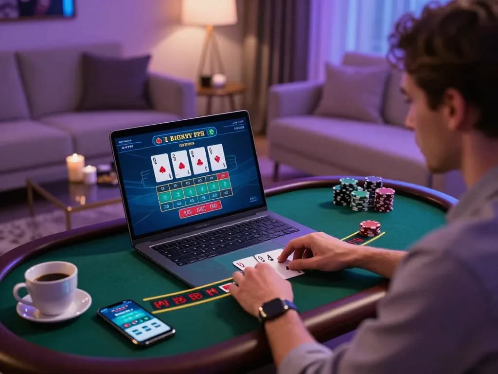 Engaging in strategic blackjack gameplay on a laptop at 388bet's luxury online casino.