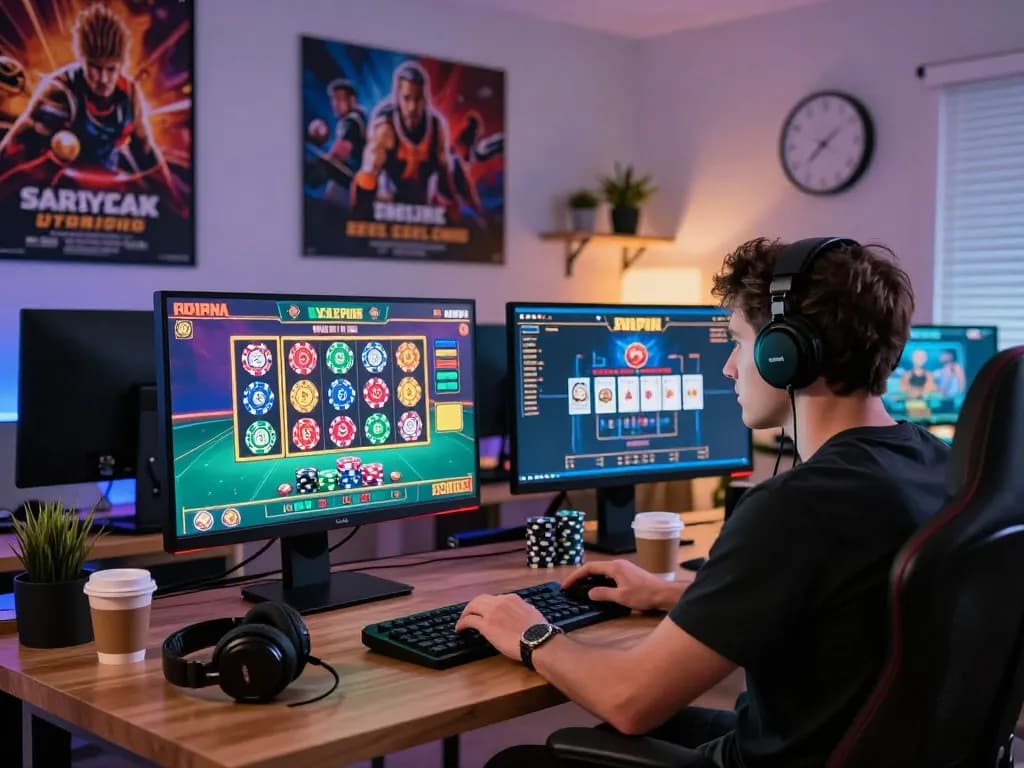 Dynamic online gaming atmosphere showcasing Nhà Cái Kuwin with vibrant graphics, gaming setup, and engaging lighting.