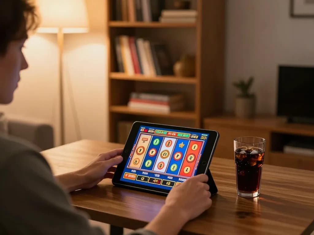 FB88 user enjoying online slots gameplay on tablet in cozy home setting with vibrant visuals.