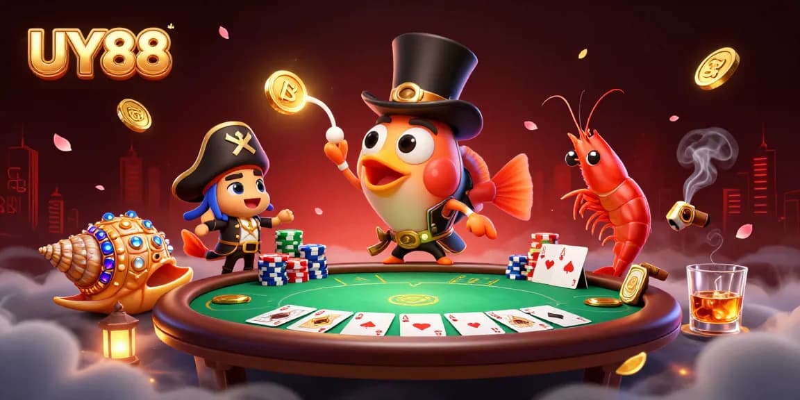 Engage in thrilling gameplay at UY88 with deep-sea creatures surrounding poker elements.