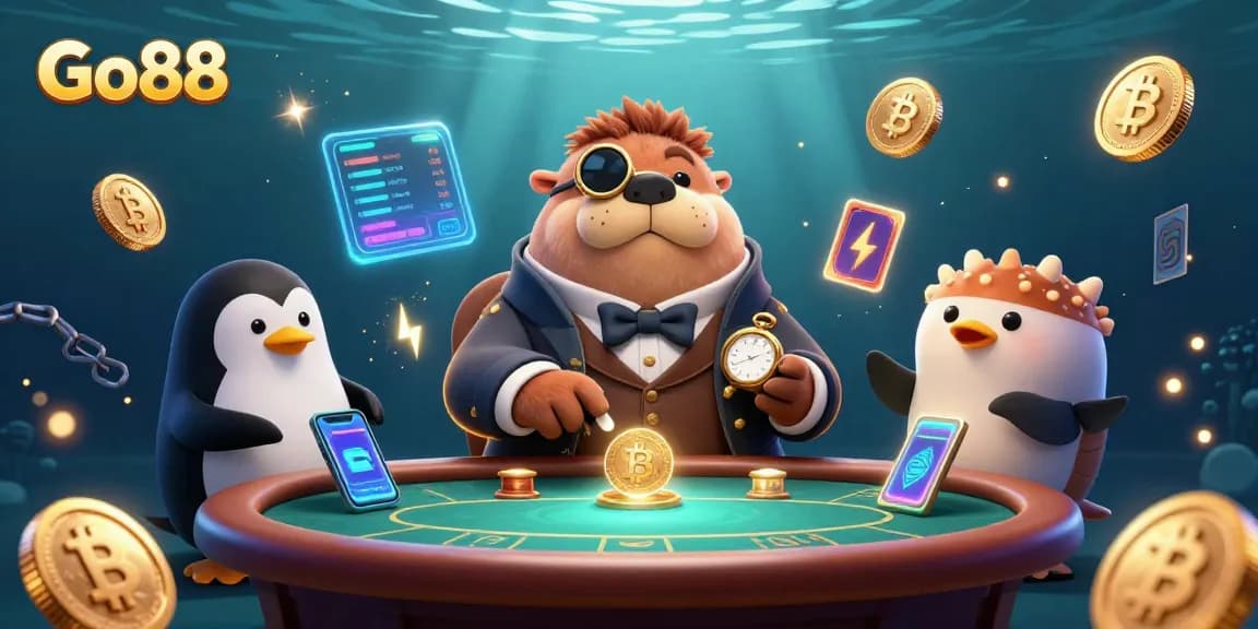 Join the exciting Go88 gaming experience at the underwater poker table with a jolly walrus and his friends.