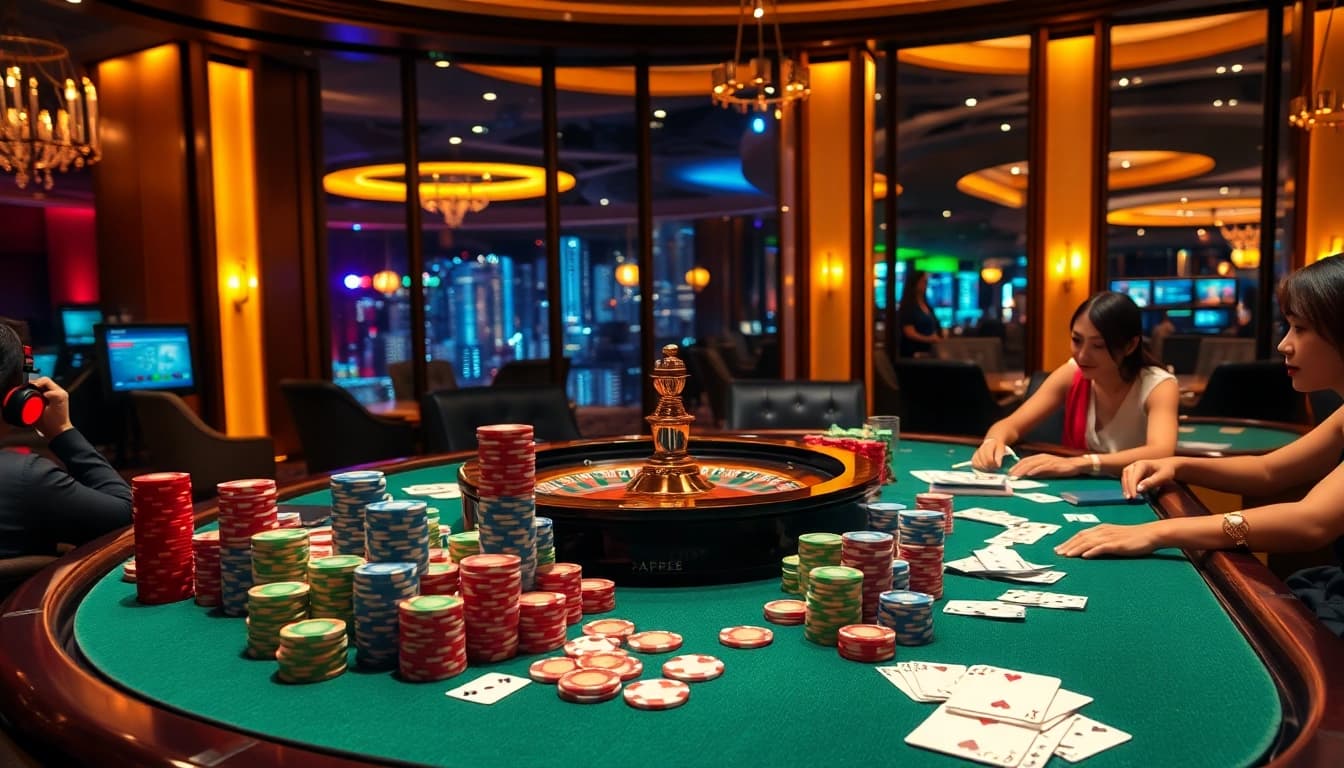 Experience the thrill of high-stakes gambling at https://gamebaidoithuong.coffee/ with colorful poker chips and a spinning roulette wheel.