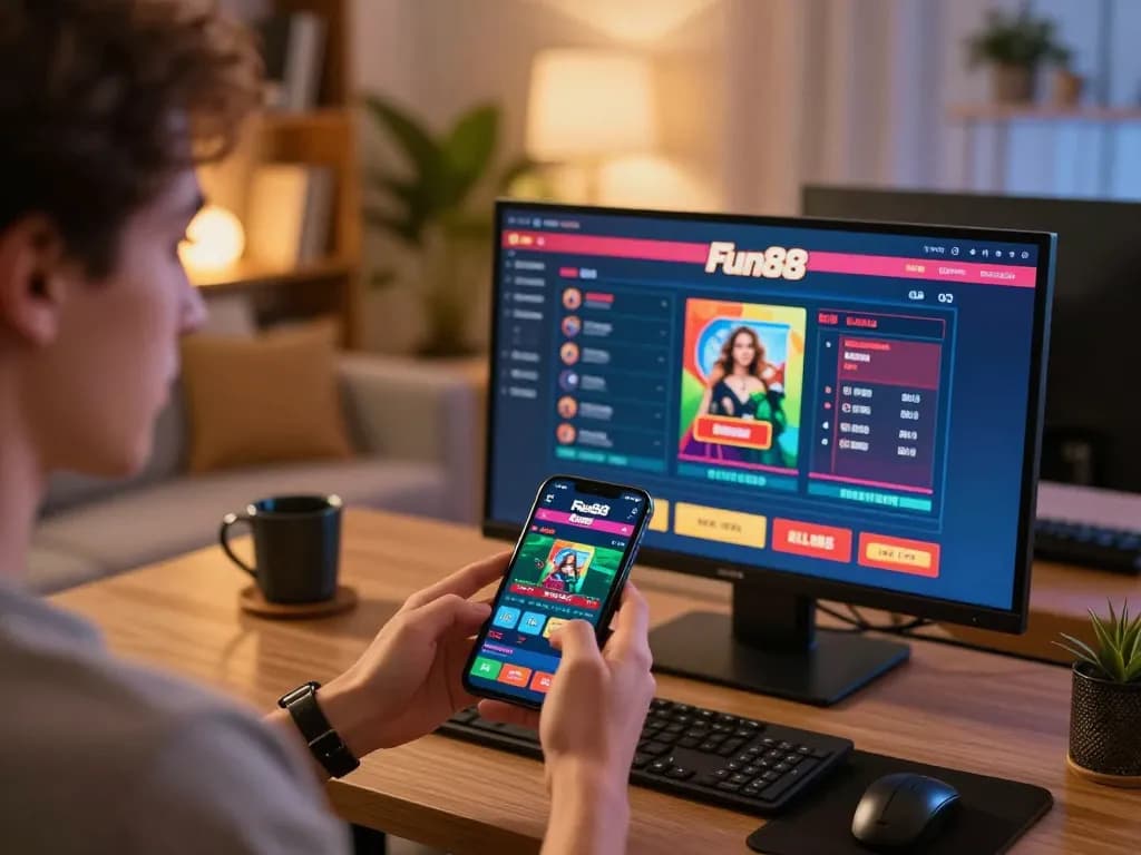 Player engaging with Fun88 app for live betting in a cozy home setting.
