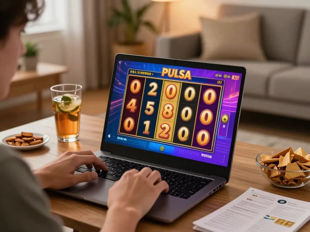 Bermain game slot pulsa di laptop, merayakan kemenangan dengan layar yang berwarna-warni.