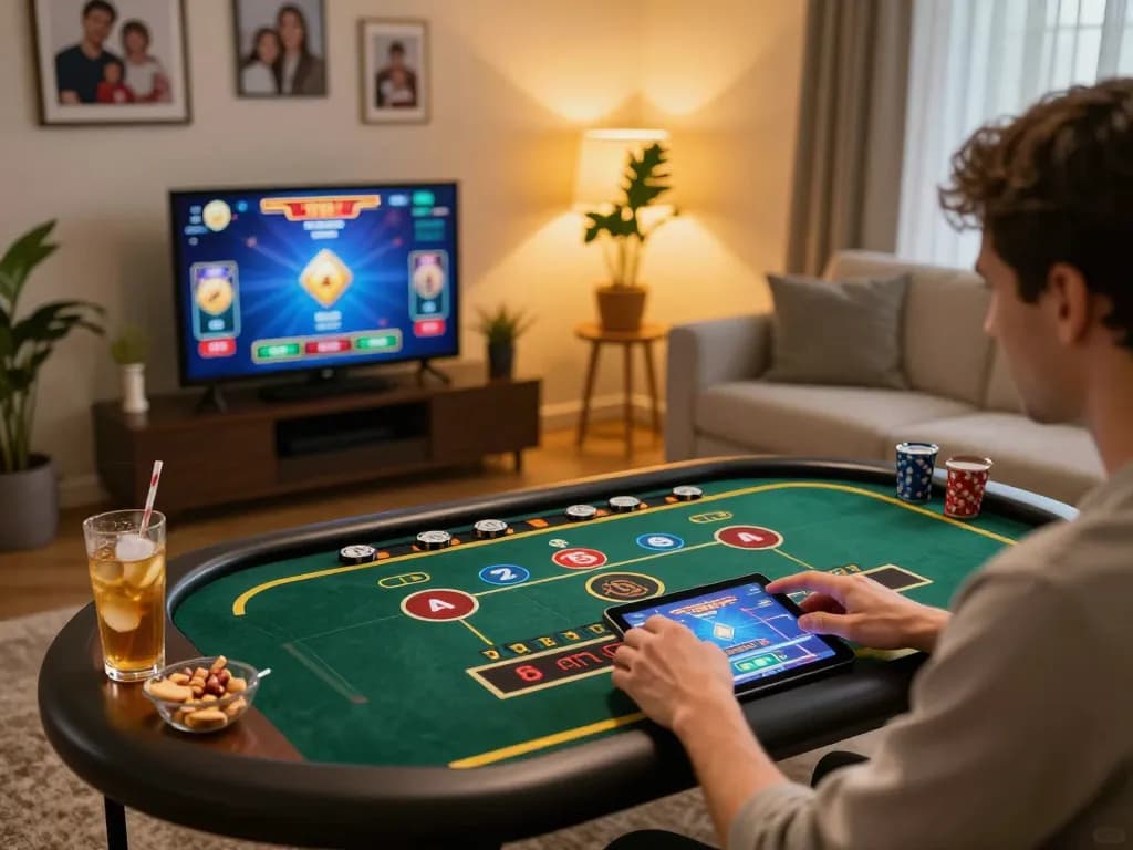 Player enjoying a live dealer game at a TRX casino on a tablet in a cozy setting