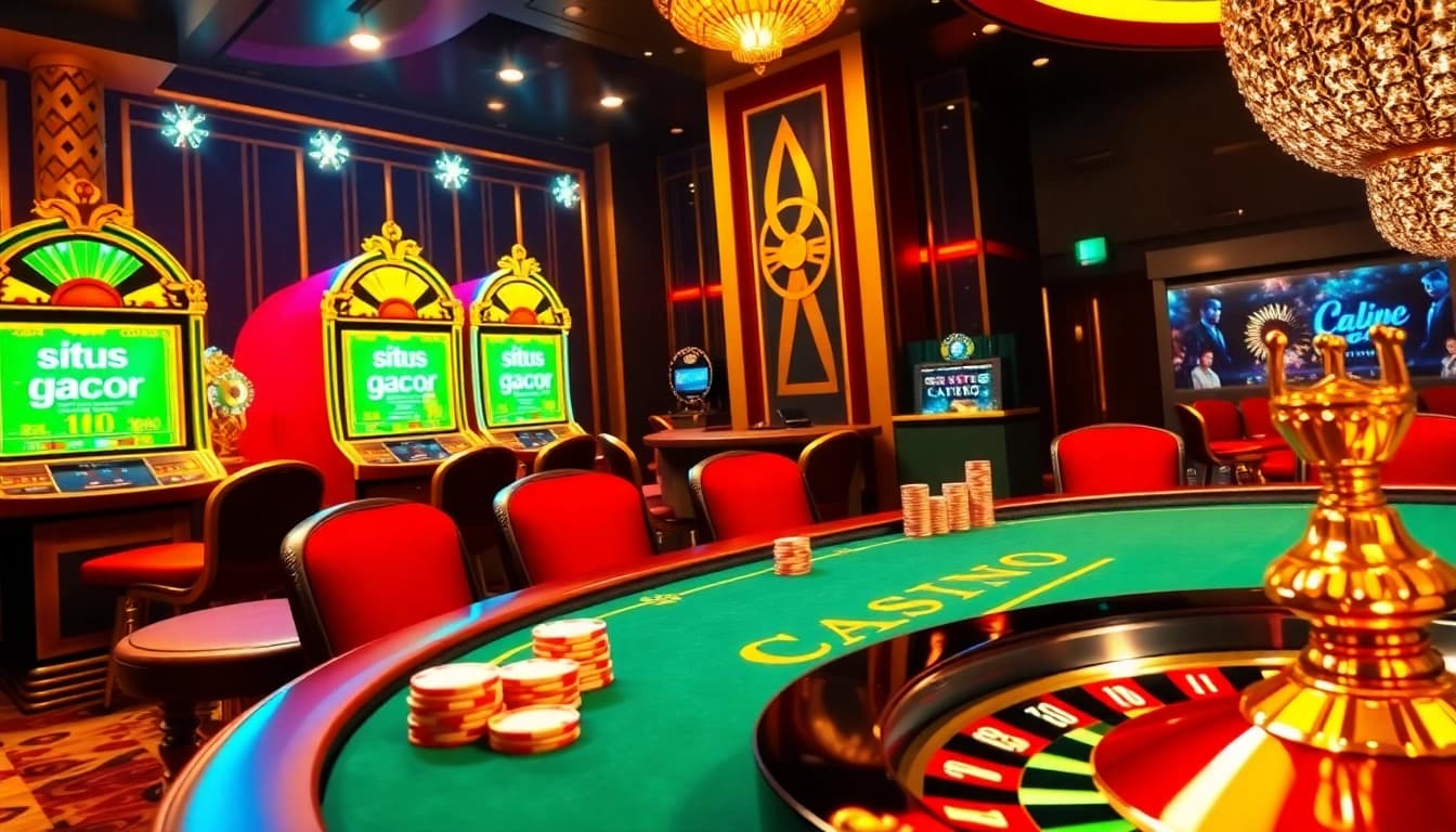situs gacor highlighted on a vibrant online casino table, showcasing poker and slot machines.