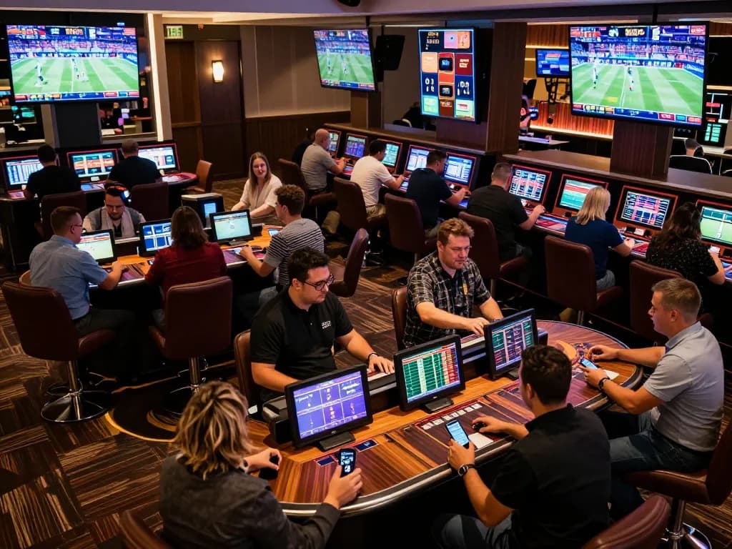 Patrons engaging in sports betting action at upscale F168 casino lounge, capturing excitement and interaction.