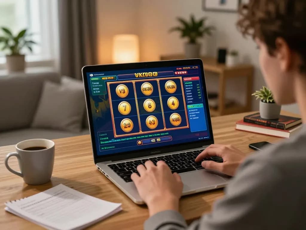 Player engaging with VK88 slot machine game on a laptop, showcasing strategic home gaming atmosphere.