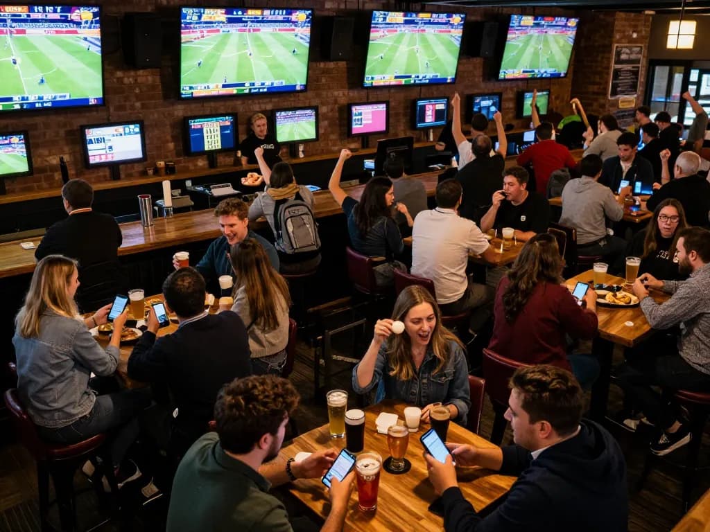 Engaged sports fans utilizing Nowgoal app for live betting at a busy bar, real-time game action displayed