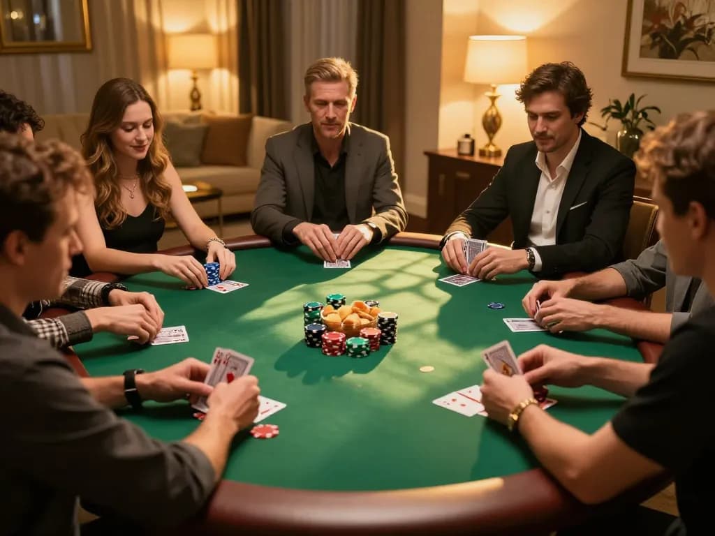 Private poker game showcasing excitement and strategy on an official website in an upscale setting.