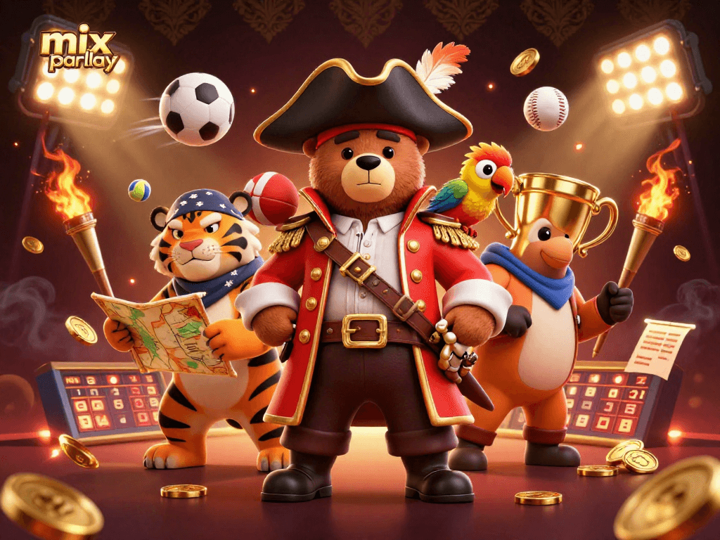 Engage with mix parlay betting strategies showcasing a dynamic cartoon scene of sports elements and characters.