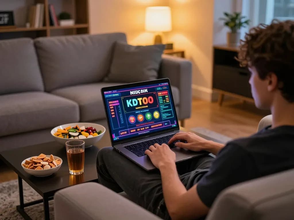 KDTOTO online gambling experience with a player engaging on a laptop in a cozy home setting.