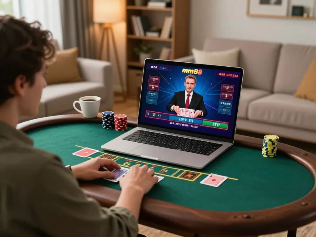 Engaged user playing mm88 live dealer blackjack for a strategic online gaming experience at home.