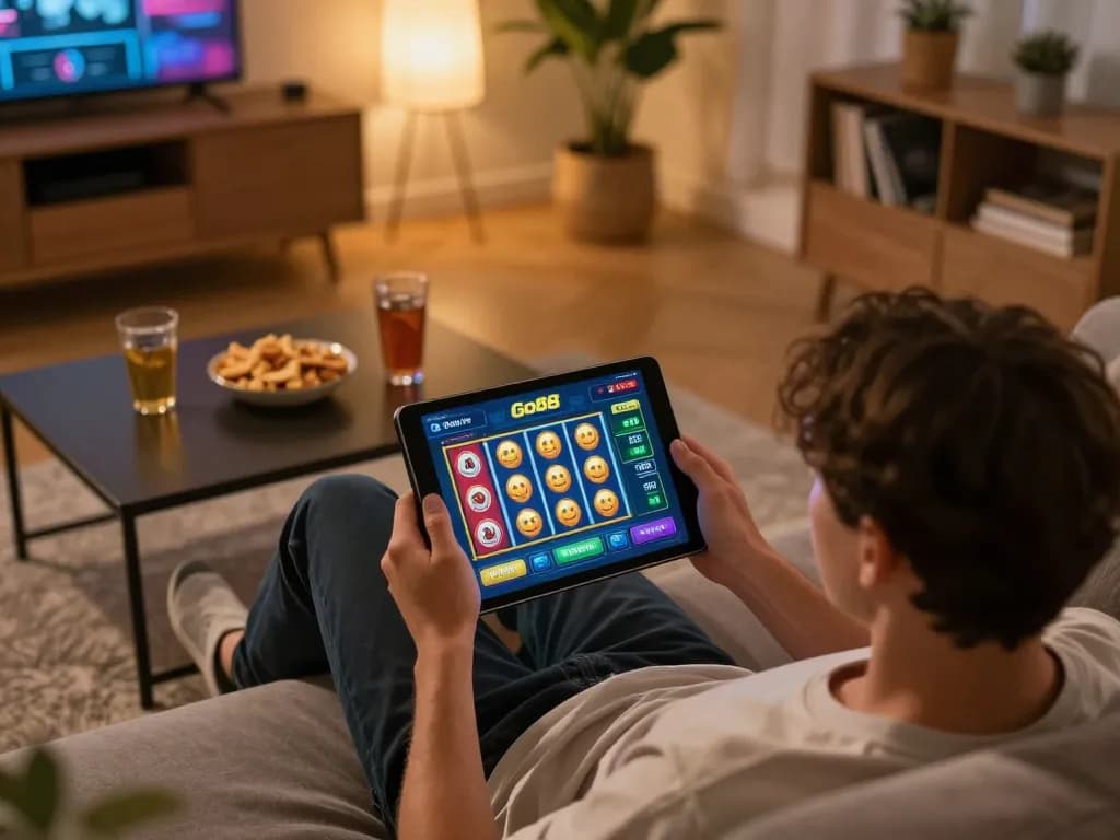 Engaging in the exciting game go88 on a tablet in a cozy home setting, showcasing strategic online gambling