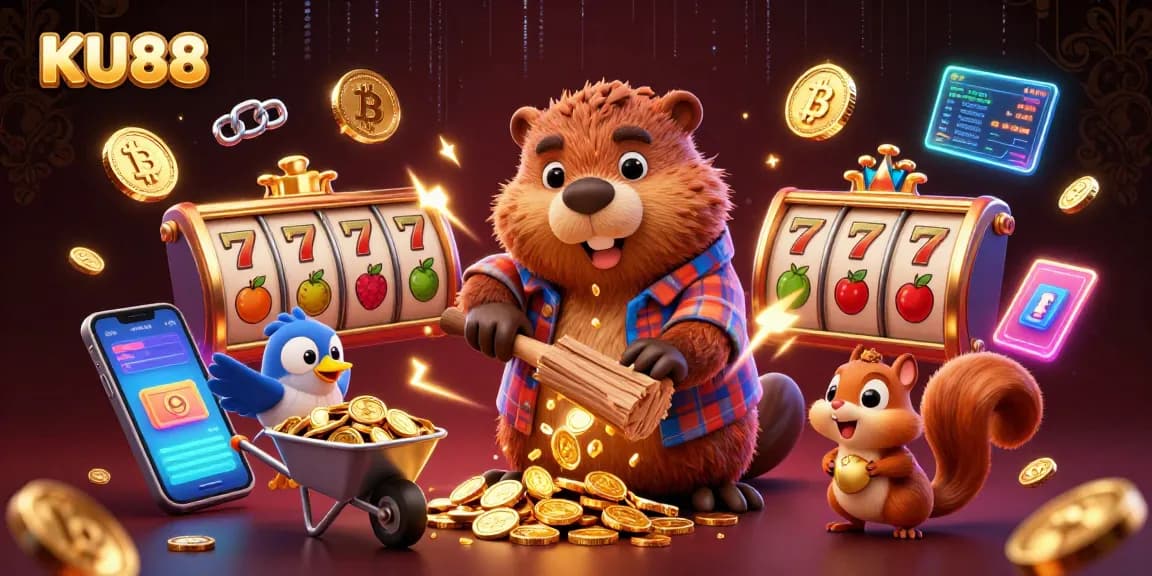 Play exciting slots at KU88 while a beaver character chops for gold coins in this vibrant 3D illustration.