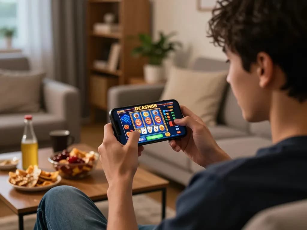 Person playing online slots on IDCASH88 app, surrounded by a cozy living room ambiance.
