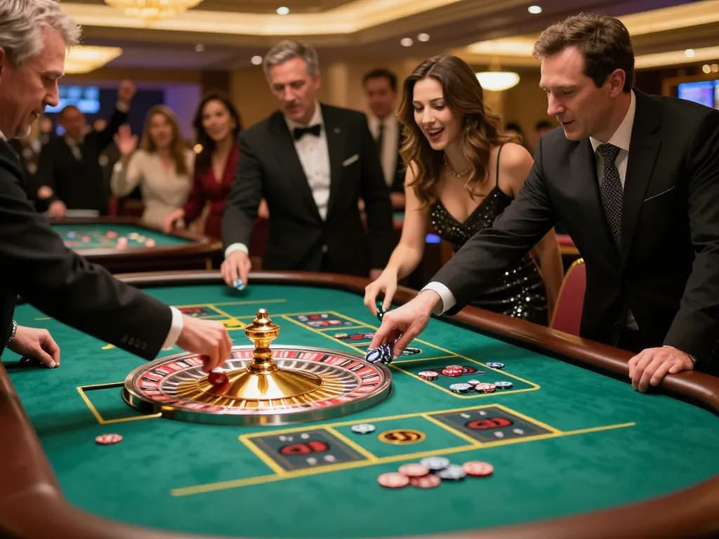 Experience the excitement of 988slot with players focused on a spinning roulette wheel in a vibrant casino atmosphere.